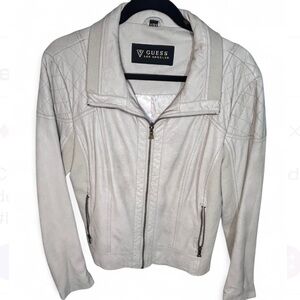 GUESS Women's Cream Faux Leather Motto Jacket.